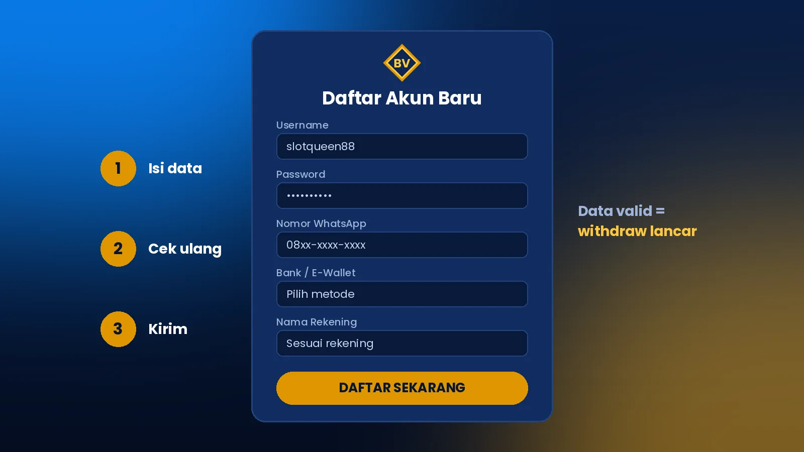 Formulir daftar akun BOLAVITASLOT